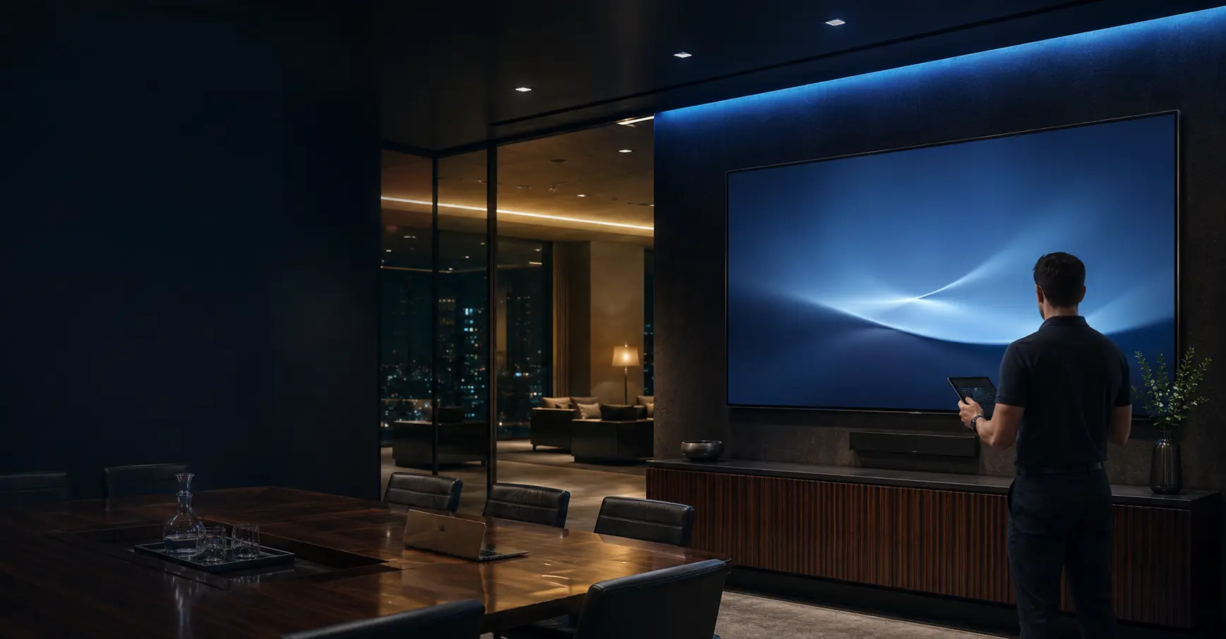 Technician commissioning an integrated audio-visual system in a premium conference room