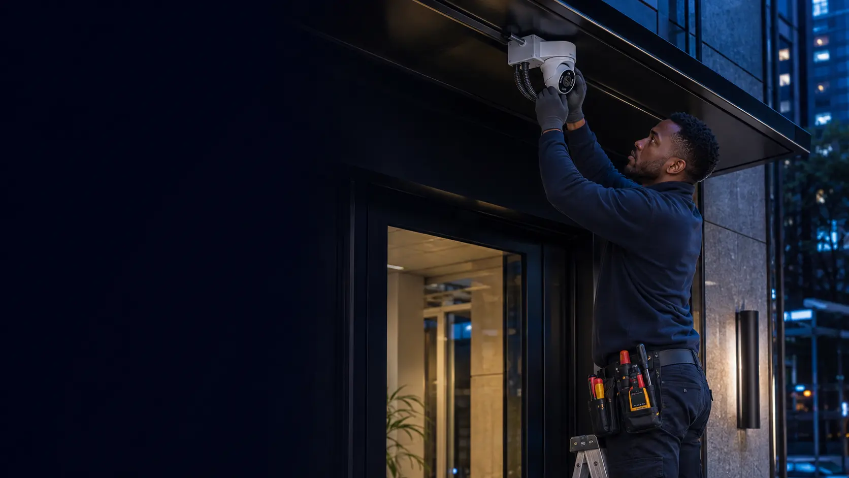 Professional technician installing a security camera at a commercial entrance