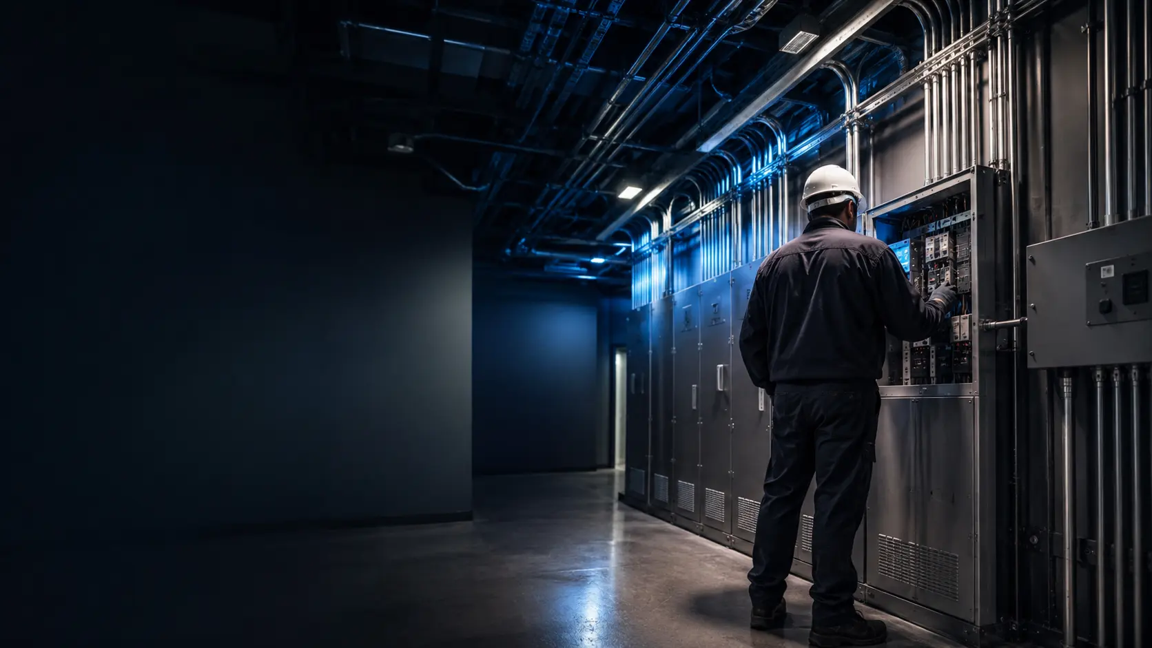 Electrical technician commissioning organized commercial power equipment