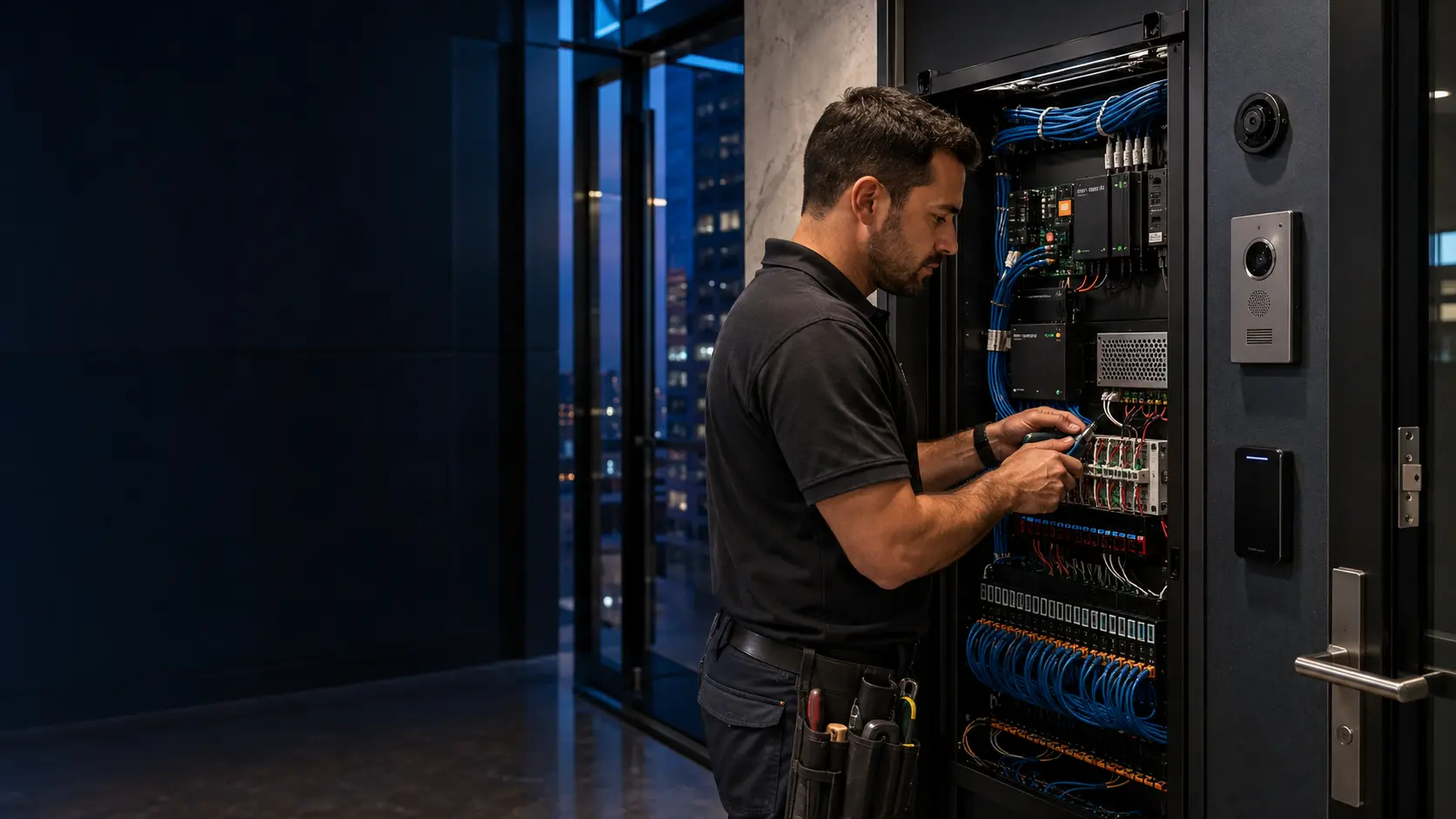 Technician coordinating organized electrical and low-voltage technology infrastructure