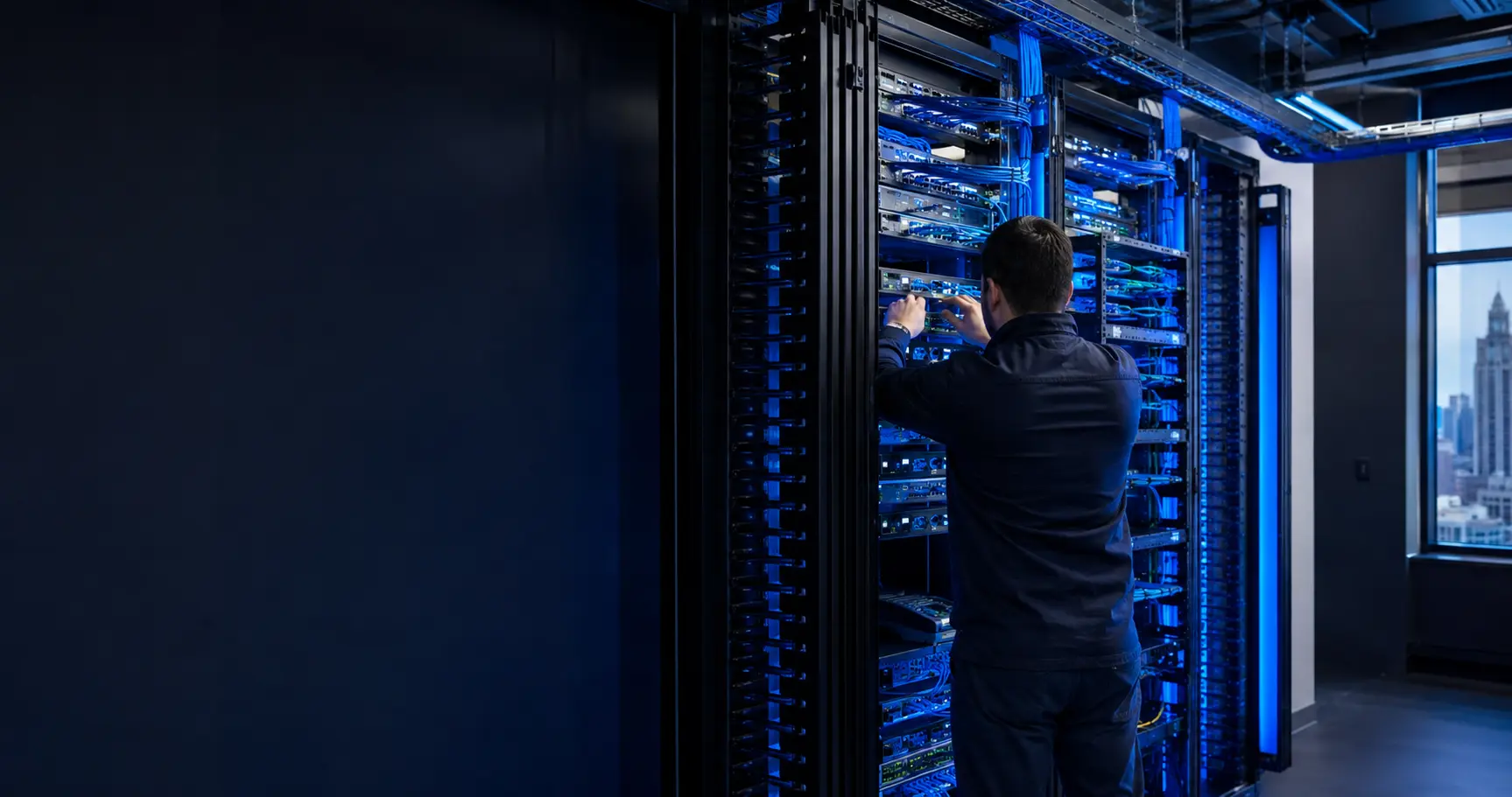 Network technician commissioning an organized enterprise communications rack