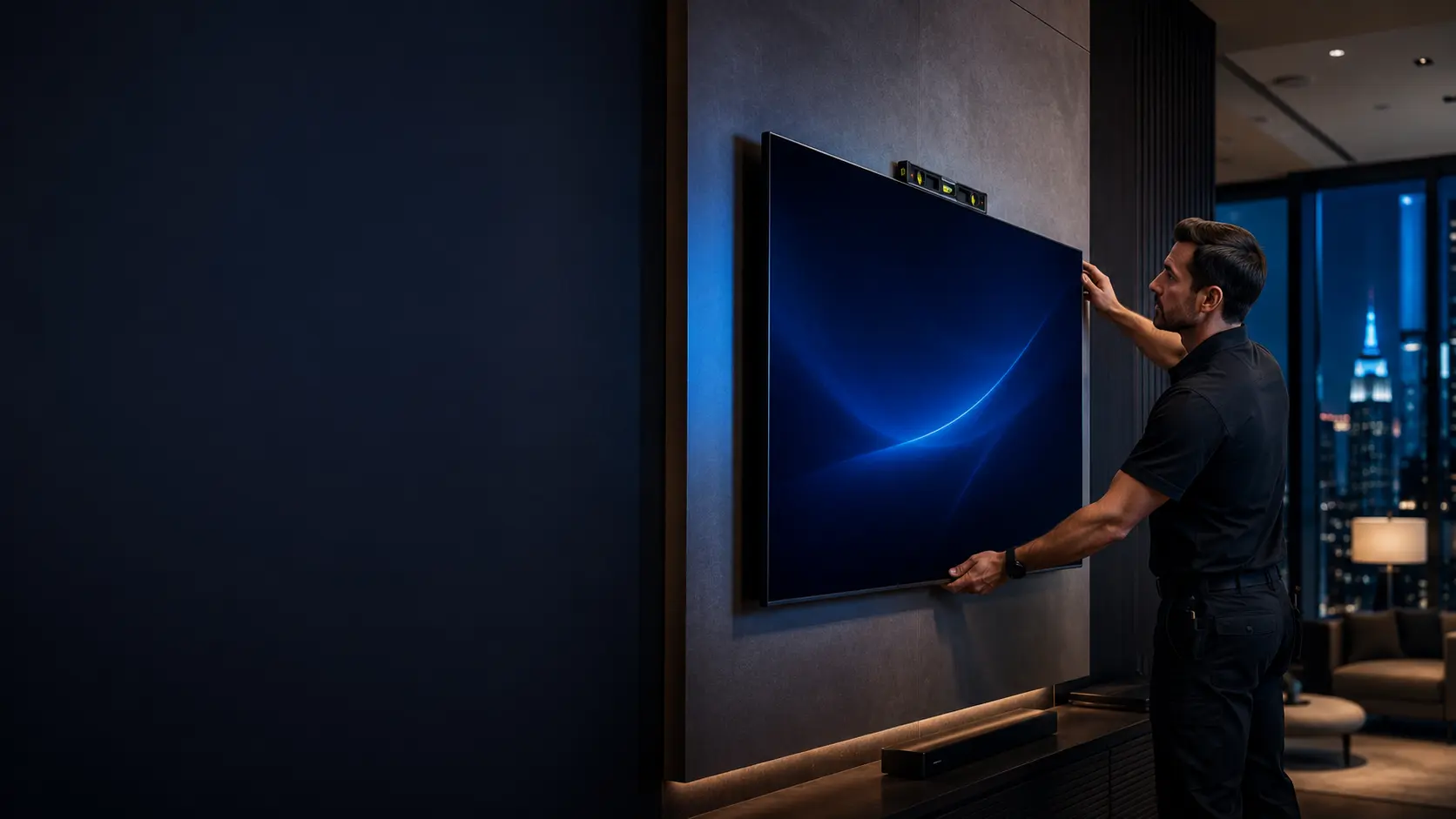 Professional installer mounting a flat-screen display in a refined modern interior
